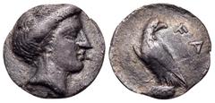 The Collection sans Pareille of Ancient Greek Fractions, Part III ELIS. Olympia. 106th-107th Olympiad, 356/2 BC. Obol (Silver, 10.5 mm, 0.72 g, 7 h). Head of nymph Olympia to right, wearing pendant ea