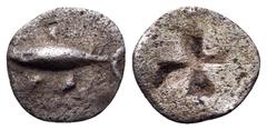 The Collection sans Pareille of Ancient Greek Fractions, Part III MYSIA. Kyzikos. Circa 550-480 BC. Tetartemorion (Silver, 6.5 mm, 0.11 g). Tunny swimming to left; below, waves(?). Rev. Quadripartite 