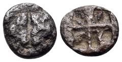 The Collection sans Pareille of Ancient Greek Fractions, Part III LESBOS. Uncertain mint. Circa 478-460 BC. (Billon, 6.5 mm, 0.28 g). Two boars' heads confronted. Rev. Quadripartite incuse square. Cf.