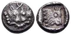 The Collection sans Pareille of Ancient Greek Fractions, Part III CARIA. Uncertain mint. Circa 480-450 BC. Hemiobol (Silver, 7.5 mm, 0.62 g, 12 h). Confronted foreparts of two bulls with crossed horns