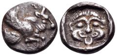 The Collection sans Pareille of Ancient Greek Fractions, Part III DYNASTS OF LYCIA. Uvug(?), circa 470-440 BC. Diobol (Silver, 11 mm, 1.40 g, 1 h). Forepart of a winged bull flying to right. Rev. Gorg