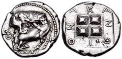 Greek MACEDON. Akanthos. Circa 430-390 BC. Tetradrachm (Silver, 25 mm, 13.93 g, 7 h), struck under the magistrate Alexi(o)s, c. 370 BC. ΑΛΕΞΙΣ Lion to right, attacking bull collapsing to left; below, 