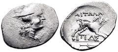 Greek AITOLIA, Aitolian League. Circa 205-150 BC. Triobol (Silver, 20 mm, 2.43 g, 9 h), circa 170-160. Head of Aetolia to right, wearing kausia. Rev. AITΩΛΩN Calydonian boar right above TI and monogra