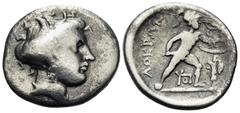Greek LOKRIS. Lokris Opuntii. Circa 338-316 BC. Triobol (Silver, 16 mm, 2.41 g, 11 h). Wreathed head of Demeter to right. Rev. ΛΟΚΡΩΝ Ajax, nude except for crested Corinthian helmet, advancing to righ