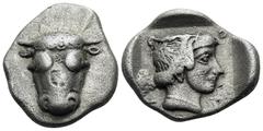 Greek PHOKIS, Federal Coinage. Circa 445-420 BC. Triobol (Silver, 16 mm, 2.96 g, 9 h). Bull's head facing. Rev. Φ-Ο-Κ-Ι Head of Artemis to right; all within incuse square. BCD Phokis 256 (this reverse