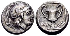 Greek LESBOS. Methymna. Circa 350/30-250/40 BC. Triobol or Hemidrachm (Silver, 14 mm, 2.62 g, 9 h). Head of Athena to right, wearing crested Corinthian helmet. Rev. ΜΑ-ΘΥ Kantharos. Franke, Münzprägun