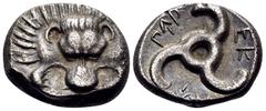 Greek DYNASTS OF LYCIA. Perikles, circa 380-360 BC. 1/3 Stater (Silver, 14 mm, 2.76 g, 11 h), Limyra(?). Lion's scalp facing. Rev. 𐊓𐊁𐊕-𐊆𐊋-𐊍𐊁 ('Perikle' in Lycian) around triskeles. BMC 157. Müs