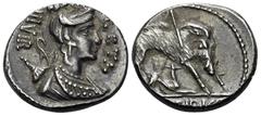 Roman Republican & Imperatorial C. Hosidius C.f. Geta, 64 BC. Denarius (Silver, 16.5 mm, 3.89 g, 6 h), Rome. III·VIR GETA Diademed and draped bust of Diana to right, with a bow and quiver over her lef