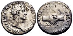 Roman Imperial Nerva, 96-98. Denarius (Silver, 17 mm, 3.00 g, 6 h), Rome, 97. IMP NERVA CAES AVG P M TR P COS III P P Laureate head of Nerva to right. Rev. CONCORDIA EXERCITVVM Clasped hands. RIC II 1