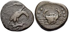 The Prof. James M. Collier Collection - Greek Coins SICILY. Akragas. Circa 420-406 BC. Hemilitron or Hexonkion (Bronze, 26 mm, 11.26 g, 11 h). [AK]P[A] Eagle right, clutching dead hare lying on rock i