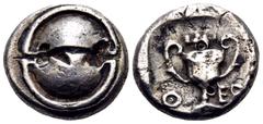 The Prof. James M. Collier Collection - Greek Coins BOEOTIA. Thebes. Circa 425-375 BC. Hemidrachm (Silver, 12 mm, 2.18 g, 12 h). Boeotian shield. Rev. Θ-ΕΒ Kantharos. BCD Boiotia 408. HCG 4, 1348. SNG