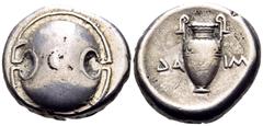 The Prof. James M. Collier Collection - Greek Coins BOEOTIA. Thebes. 379-368 BC. (Silver, 21 mm, 12.13 g, 7 h), struck under the magistrate Daim-. Boeotian shield. Rev. ΔΑ-ΙΜ Amphora. BCD Boiotia 523.