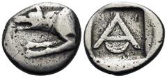 The Prof. James M. Collier Collection - Greek Coins ARGOLIS. Argos. Circa 330-270 BC. Triobol (Silver, 14 mm, 2.35 g, 9 h). Forepart of a wolf at bay to left. Rev. Large A within incuse square; N-I ac