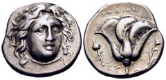 The Prof. James M. Collier Collection - Greek Coins ISLANDS OFF CARIA, Rhodos. Rhodes. Circa 305-275 BC. Didrachm (Silver, 20 mm, 6.65 g, 12 h), struck under the magistrate Eu.... Head of Helios facin