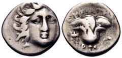 The Prof. James M. Collier Collection - Greek Coins ISLANDS OFF CARIA, Rhodos. Rhodes. Circa 229-205 BC. Drachm (Silver, 14 mm, 2.19 g, 12 h), struck under the magistrate Eukrates. Radiate head of Hel