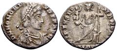 The Prof. James M. Collier Collection - Roman Imperial Coins Honorius, 393-423. Siliqua (Silver, 17 mm, 1.48 g, 12 h), Mediolanum, 402. D N HONORI-VS P F AVG Pearl diademed, draped and cuirassed bust 