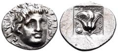 Greek ISLANDS OFF CARIA, Rhodos. Rhodes. Circa 170-150 BC. Hemidrachm (Silver, 13 mm, 1.41 g, 12 h), Plintophoric coinage, struck under the magistrate Dexikrates. Radiate head of Helios, facing three-
