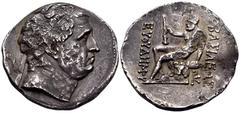 Oriental Greek BAKTRIA, Greco-Baktrian Kingdom. Euthydemos I, circa 225-200 BC. Tetradrachm (Silver, 30 mm, 16.52 g, 12 h), c. 206-200 BC. Diademed and aged head of Euthydemos I to right. Rev. ΒΑΣΙΛΕΩ