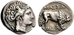 GREEK COINS Gaul Massalia. Circa 200-150 BC. Drachm (Silver, 2.69 g 12). Head of Artemis to right, wearing olive wreath, pendant earring and simple necklace; behind, at her neck, bow and quiver. Rev. 