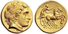 GREEK COINS Kings of Macedon Philip II. 359-336 BC. Stater (Gold, 8.65 g 11), Kolophon, 323-317, but probably before 319. Laureate head of Apollo to right, but with the features of Alexander III. Rev.