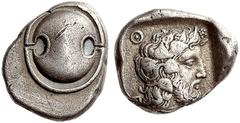 GREEK COINS Boeotia Thebes. Circa 425-395 BC. Stater (Silver, 11.97 g). Boeotian shield. Rev. Q E Bearded head of Dionysos to right, wearing ivy wreath; all within incuse square. BCD Boiotia 440 var. 