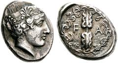GREEK COINS Elis Olympia. 90th Olympiad. 420 BC. Stater (Silver, 12.06 g 3), Signed by the engraver L... . HΡ A Head of Hera to right, wearing a stephane with peaks at the front, back and center, and 