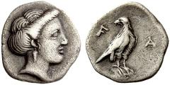 GREEK COINS Elis Olympia. Circa 350s-340s BC. Obol (Silver, 0.93 g 5). Head of the nymph Olympia to right. Rev. F A Eagle with closed wings standing right, head turned back to left. BCD Olympia 170 va