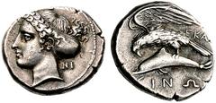 GREEK COINS Paphlagonia Sinope. Circa 410-350 BC. Drachm (Silver, 6.09 g 6). Head of a nymph to left, her hair bound in a sakkos; behind, NI. Rev. ΣINΩ Sea eagle, with open wings standing left on dolp