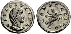 ROMAN AND BYZANTINE COINS Diva Paulina. Died before AD 235. Denarius (Silver, 3.30 g 6), Rome, second emission, 236. DIVA PAVLINA Veiled and draped bust of Paulina to right. Rev. CONSECRATIO Diva Paul