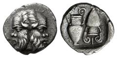 GREEK COINS Islands off Thrace -. Circa 370 BC. Hemidrachm or diobol (?) (Silver, 1.59 g 12). Janiform head of two satyrs, each bearded, bald-headed and with an animal ear. Rev. Θ-A-Σ-I Two volute kra