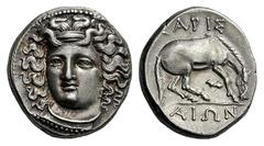 GREEK COINS Thessaly Larissa. Mid to late 4th century BC. Drachm (Silver, 6.10 g 6). Head of the nymph Larissa three-quarters facing, turned slightly to left, wearing ampyx, pendant earring and simple