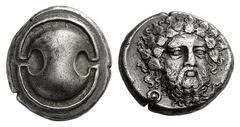 GREEK COINS Boeotia -. Circa 405-395 BC. Stater (Silver, 11.91 g). Boeotian shield. Rev. Θ - E Bearded head of Dionysos, three-quarters facing, turned slightly to right, wearing ivy wreath. BCD Boioti