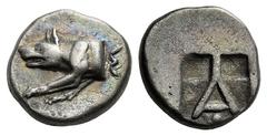 GREEK COINS Argolis Argos. Circa 450-430/20 BC. Triobol (Silver, 2.94 g 12). Forepart of wolf at bay to left, with both legs extended and head erect; along truncation to right, Σ. Rev. A within shallo