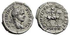 ROMAN AND BYZANTINE COINS Caracalla. AD 198-217. Denarius (Silver, 3.15 g 7), Rome, 208. ANTONINVS PIVS AVG Laureate head of Caracalla to right. Rev. PONTIF TR P XI COS III / PROF Caracalla, in milita