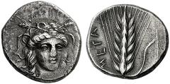 GREEK COINS Lucania Metapontum. Circa 400-340 BC. Didrachm or Nomos (Silver, 20mm, 7.37 g 4). ΣΩTHΡIA Head of Demeter facing, turned slightly to the right, wearing a wreath of grain ears and a pearl n