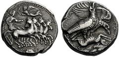 GREEK COINS Sicily Akragas. Circa 409-406 BC. Tetradrachm (Silver, 24mm, 16.96 g 9). Nymph or goddess, with her robes billowing behind her, driving quadriga galloping to right, about to turn; above, N