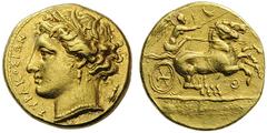 GREEK COINS Sicily Syracuse. Thoinon and Sosistratos. 278 BC. Hemistater or Dekadrachm (Gold, 16mm, 4.25 g 10). ΣΥΡAKOΣIΩN Head of Persephone to left, wearing wreath of grain leaves, pendant earring a