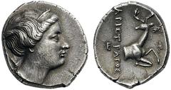 GREEK COINS Ionia Ephesos. Circa 245-202 BC. Didrachm (Silver, 19mm, 6.57 g 2), Aristratos. Diademed head of Artemis to right, quiver at her shoulder. Rev. E Φ / AΡIΣTΡATOΣ Forepart of a stag to right