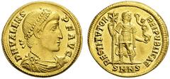 ROMAN AND BYZANTINE COINS Valens. AD 364-378. Solidus (Gold, 22mm, 4.53 g 6), Nicomedia, 364. D N VALENS P F AVG Diademed, draped and cuirassed bust of Valens to right. Rev. RESTITVTOR REIPVBLICAE / S