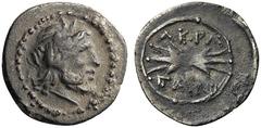 GREEK COINS Sicily Akragas, Punic occupation, 213-211 BC. Litra or Eighth Shekel (Silver, 13mm, 0.82 g 4). Laureate head of Zeus to right, within border of dots. Rev. AKΡA / ΓAN Thunderbolt; all withi
