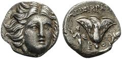 GREEK COINS Islands off Caria Rhodos, Rhodes . c. 205-190 BC. Drachm (Silver, 14mm, 2.84 g 12), Peisikrates. Head of Helios facing, turned slightly to the right. Rev. ΠEIΣIKΡAT[HΣ / Ρ O] Rose with bud