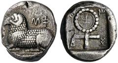 GREEK COINS Cyprus Salamis, Uncertain kings, c. 480-460 BC. Stater (Silver, 20mm, 10.89 g 11). βα-ν (retrograde) Ram lying left on exergual line; uncertain letter to left. Rev. βα-σι-λη-ο-σε Ankh. BMC