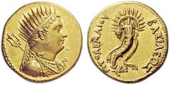 GREEK COINS Ptolemaic Kings of Egypt Ptolemy IV Philopator, 225-205 BC. Oktadrachm or Mnaieon (Gold, 25mm, 27.83 g 12), Alexandria. Radiate and diademed bust of the deified Ptolemy III to right, weari