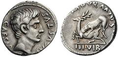 ROMAN & BYZANTINE COINS Augustus, 27 BC-AD 14. Denarius (Silver, 17mm, 3.78 g 7), Rome, M. Durmius, BC 19. CAESAR AVGVSTVS Bare head of Augustus to right. Rev. M DVRMIVS / IIIVIR Lion attacking stag t