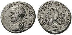 ROMAN & BYZANTINE COINS Macrinus, 217-218, Emesa. Tetradrachm (Silver, 26 mm, 12.46 g 11). AΥT K M OΠ CE MAKΡINOC CEB ( retrograde ) Laureate, draped and cuirassed bust of Macrinus to left, seen from 