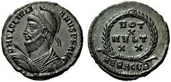 ROMAN & BYZANTINE COINS Julian II, 360-363. AE (Bronze, 20mm, 3.31 g 12), Heraclea. D N FL CL IVLIANVS P F AVG Diademed, helmeted, draped and cuirassed bust of Julian to left, holding spear and shield