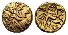 CELTIC BRITAIN, Regini & Atrebates. Commios, c. 50-25 BC. Stater (Gold, 16mm, 5.42 g), E-Type. Wreath pattern with crescents. Rev. [COMMIOS] Disjointed triple-tailed horse to right; below, wheel; abov