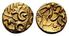 CELTIC BRITAIN, Corieltauvi. Uninscribed, circa 45-10 BC. Stater (Gold, 17mm, 5.80 g 6), north east coast type. Abstracted wreathed head to right. Rev. Horse galloping left, charioteer’s arms above; b