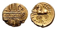 CELTIC BRITAIN, Catuvellauni & Trinovantes. Cunobelin, c. 8-41. Quarter Stater (Gold, 12mm, 1.40 g 10), first issue, Camulodunon (Colchester). CAMVL on a central panel over vertical wreath with altern