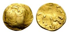 GAUL, uncertain tribe. Late 3rd-early 2nd century BC. Quarter stater (Gold, 12mm, 2.00 g), imitation of a stater of Philip II of Macedon. Irregular bulge with some design. Rev. Horse galloping right, 